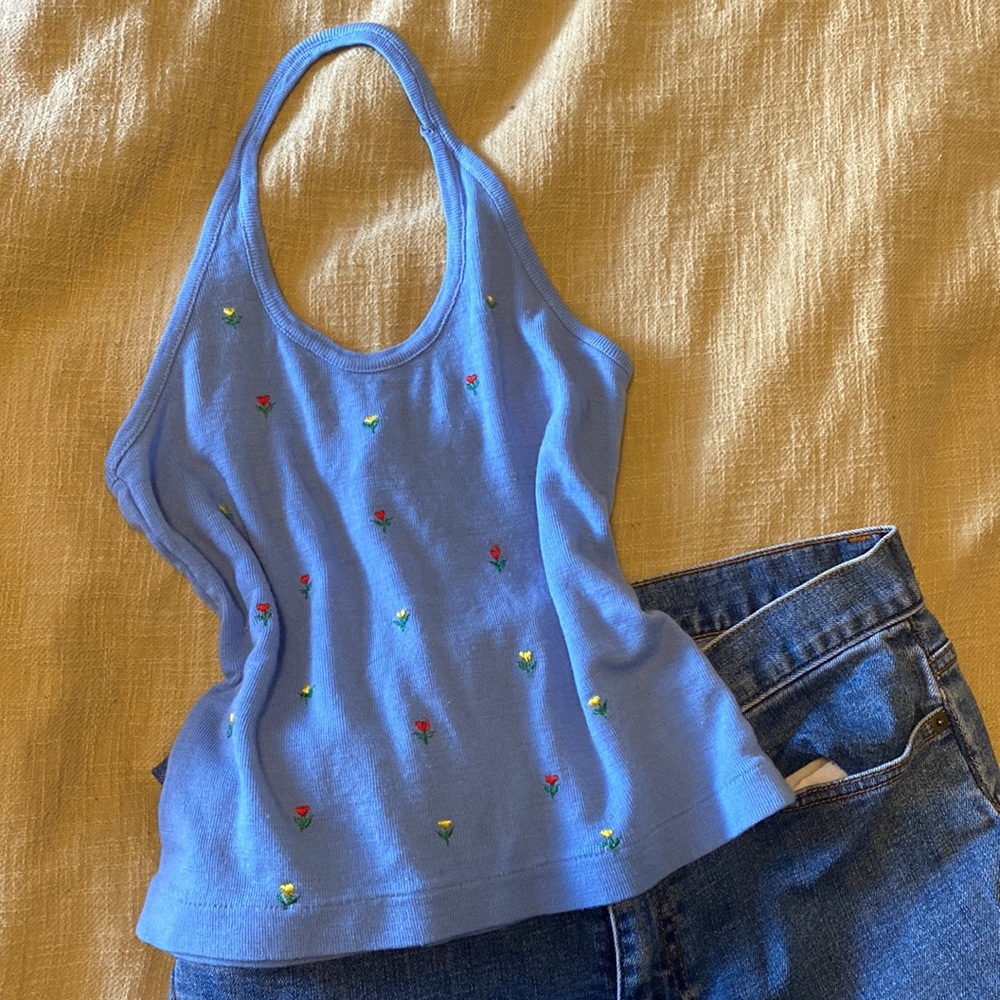 Light Blue halter crop top with red & yellow embroidered flowers
